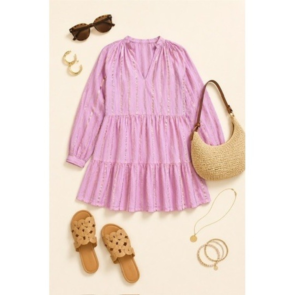 Area Stars Pink Gold Metallic Striped Tiered Cotton Mini Dress Womens Small